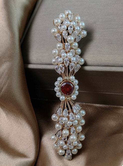 Pearl Hair Barrette Clip with Red Rhinestone - Pearl and Crystal Bridal Hair Clip